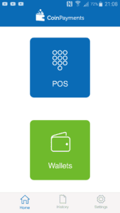 dashboard for CoinPayments mobile cryptocurrency wallet