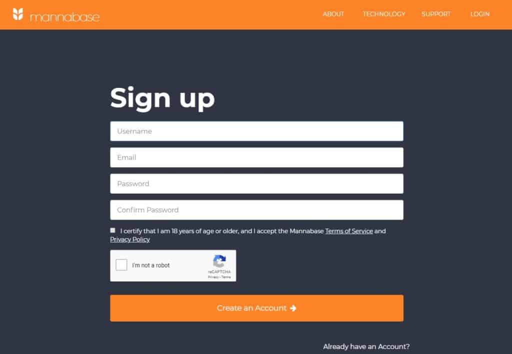 Login Page for Mannabase MANNA