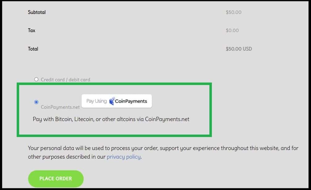 CoinPayments Checkout page